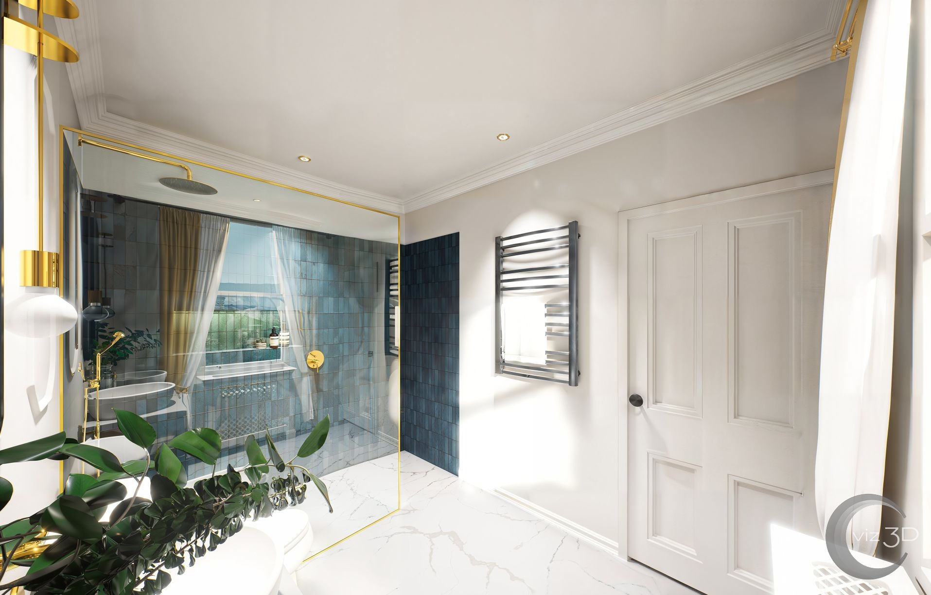 Elegancka łazienka z kabiną prysznicową w niebieskich odcieniach, marmurową podłogą i złotymi akcentami. Widoczne rośliny i grzejnik drabinkowy.