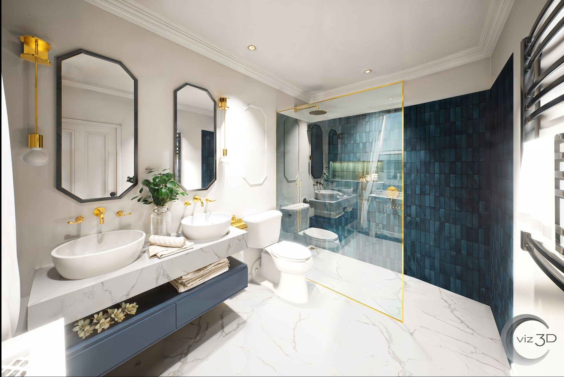 Wizualizacja jasnej łazienki z marmurową podłogą, podwójną umywalką, złotymi akcentami i przeszklonym prysznicem z granatowymi płytkami.