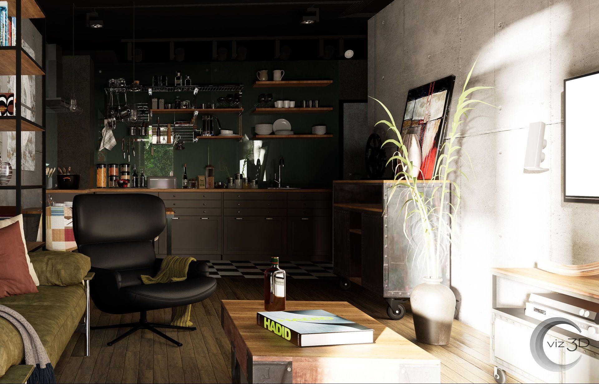 Industrialne wnętrze z ciemną kuchnią, betonową ścianą i designerskim fotelem. Otwarta przestrzeń z drewnianym stolikiem kawowym i książką 'Hadid'.