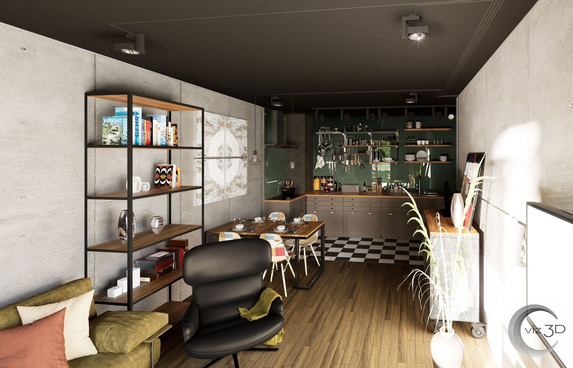 Loftowe wnętrze: betonowe ściany, drewniana podłoga, designerskie meble, otwarta przestrzeń z regałem i jadalnią. Industrialna kuchnia z czarno-białą podłogą.