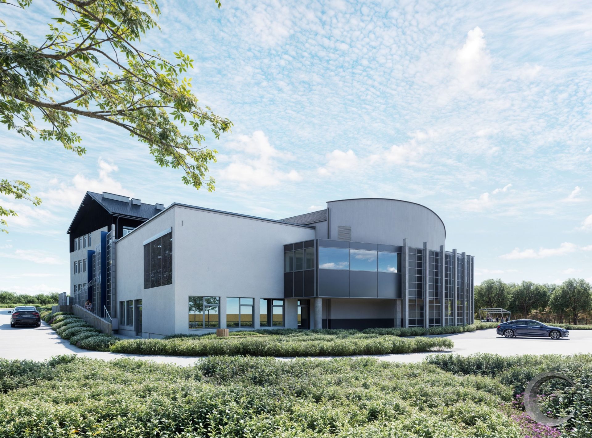 Wizualizacja budynku uczelni z przeszkloną fasadą i zaokrągloną bryłą. Nowoczesna architektura z elementami szarości, błękitu i zieleni w otoczeniu.