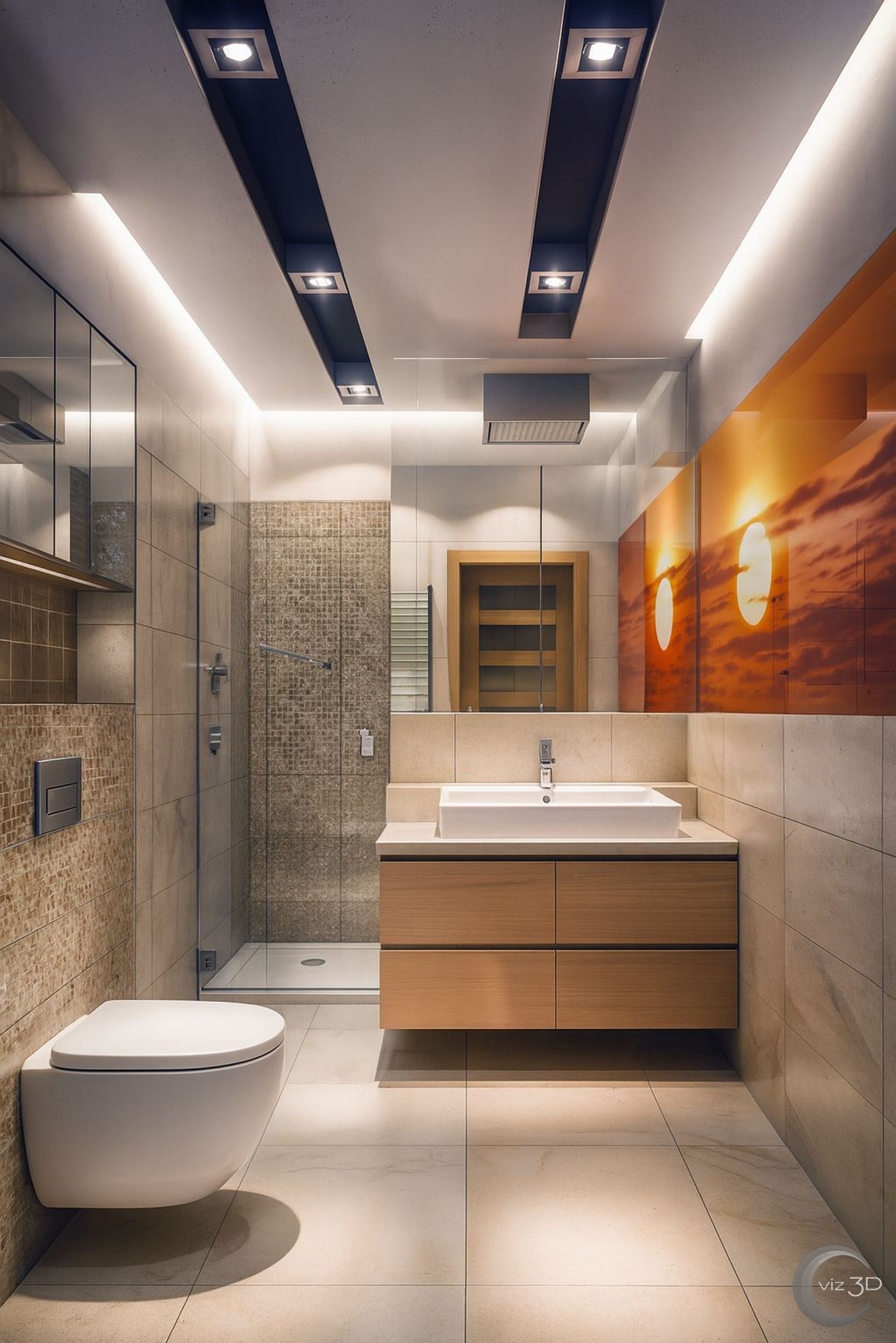 Nowoczesna łazienka w beżach i kamieniu, z przeszkloną kabiną prysznicową i panelem dekoracyjnym z motywem zachodu słońca. Umywalka z szafką, podwieszana toaleta.