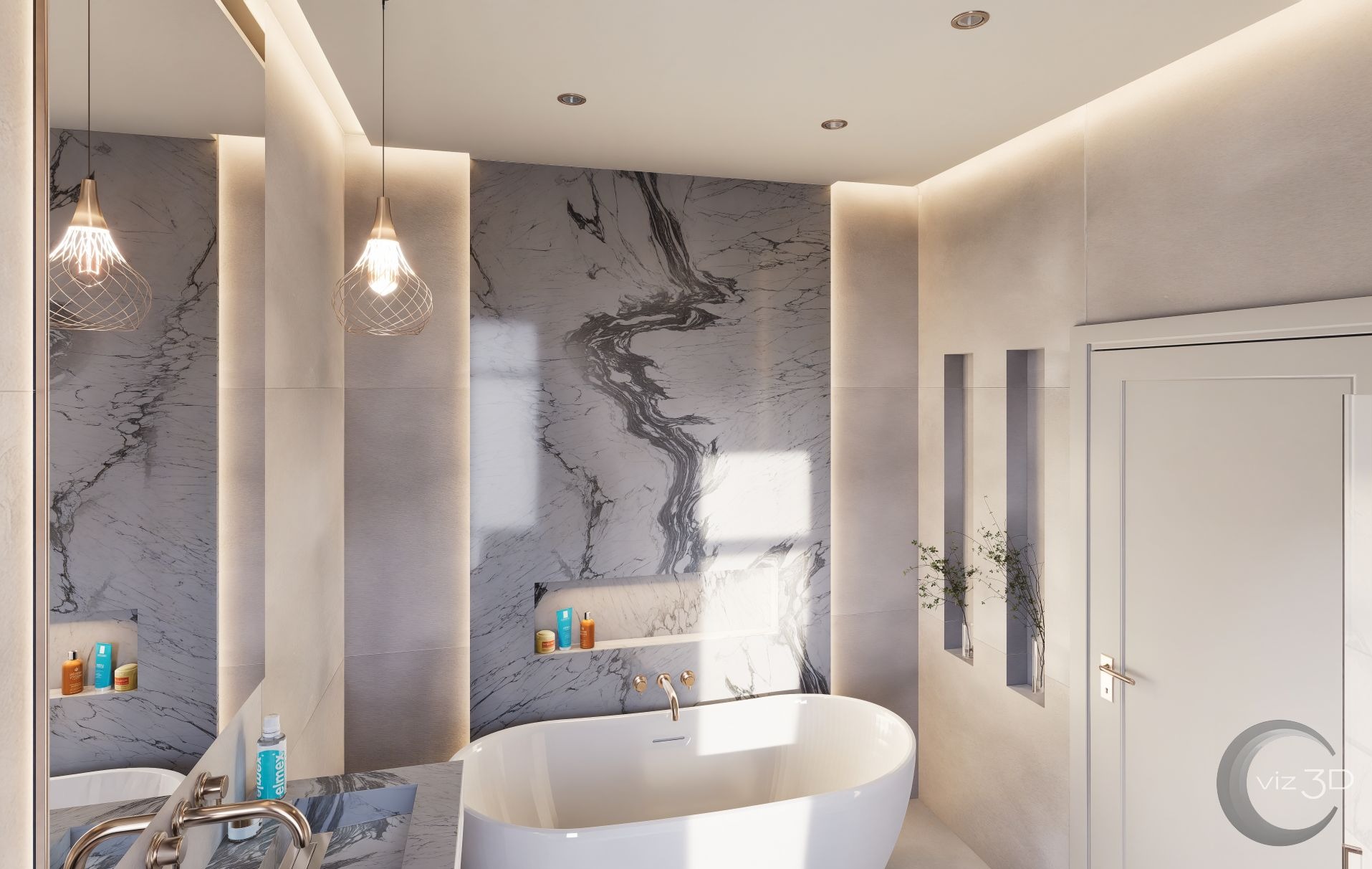 Elegancka łazienka z wolnostojącą wanną, wykończona marmurowymi płytami i nastrojowym podświetleniem ścian.