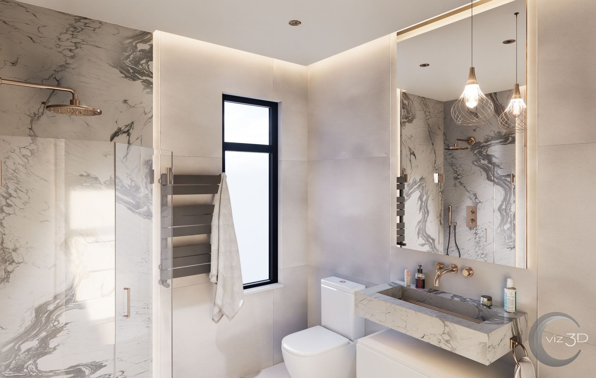 Nowoczesna łazienka z marmurowym wykończeniem, prysznicem walk-in i designerską umywalką z podświetlanym lustrem.