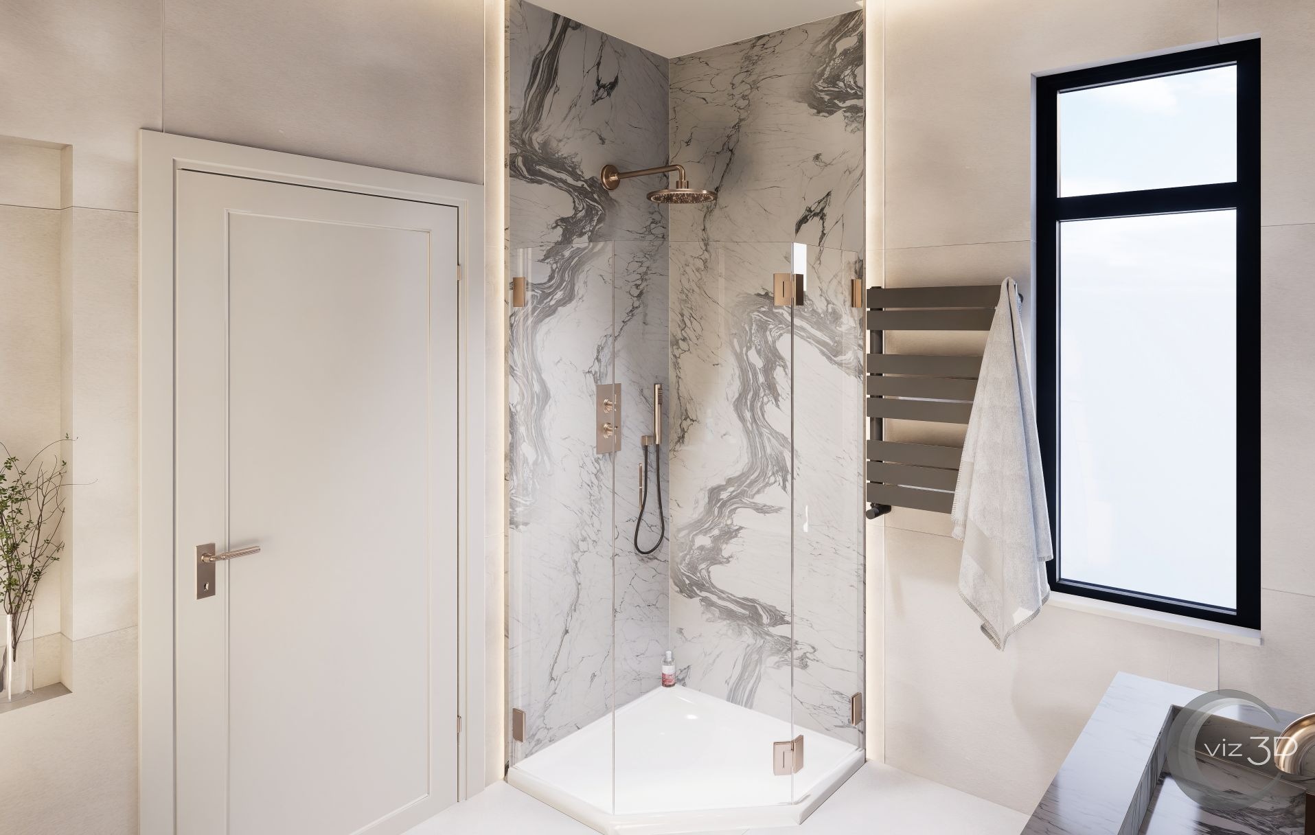 Elegancka kabina prysznicowa wykończona marmurem z delikatnym oświetleniem LED i dużym oknem doświetlającym wnętrze.