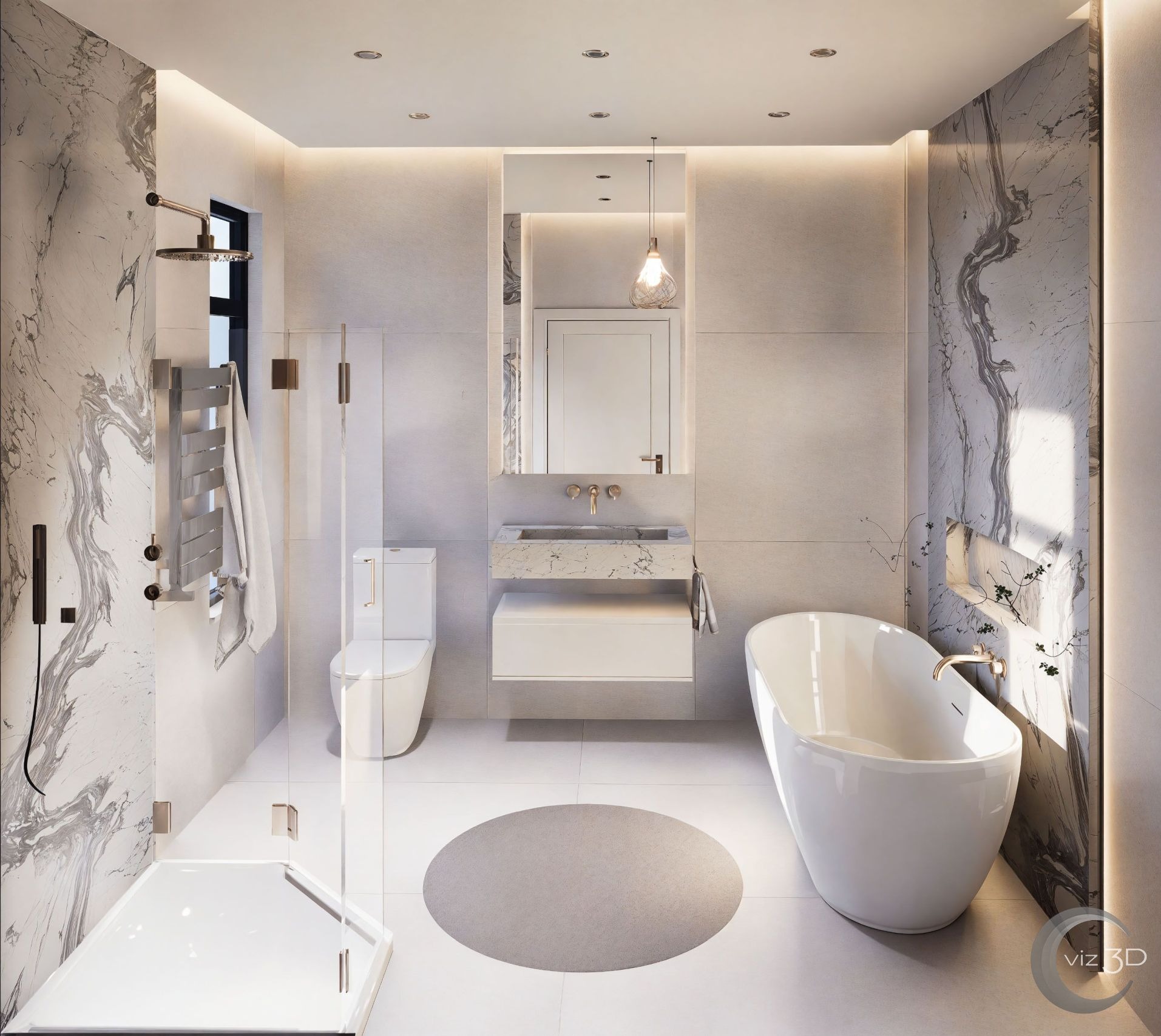 Przestronna łazienka w jasnych tonach z marmurowymi akcentami, wolnostojącą wanną i elegancką kabiną prysznicową.