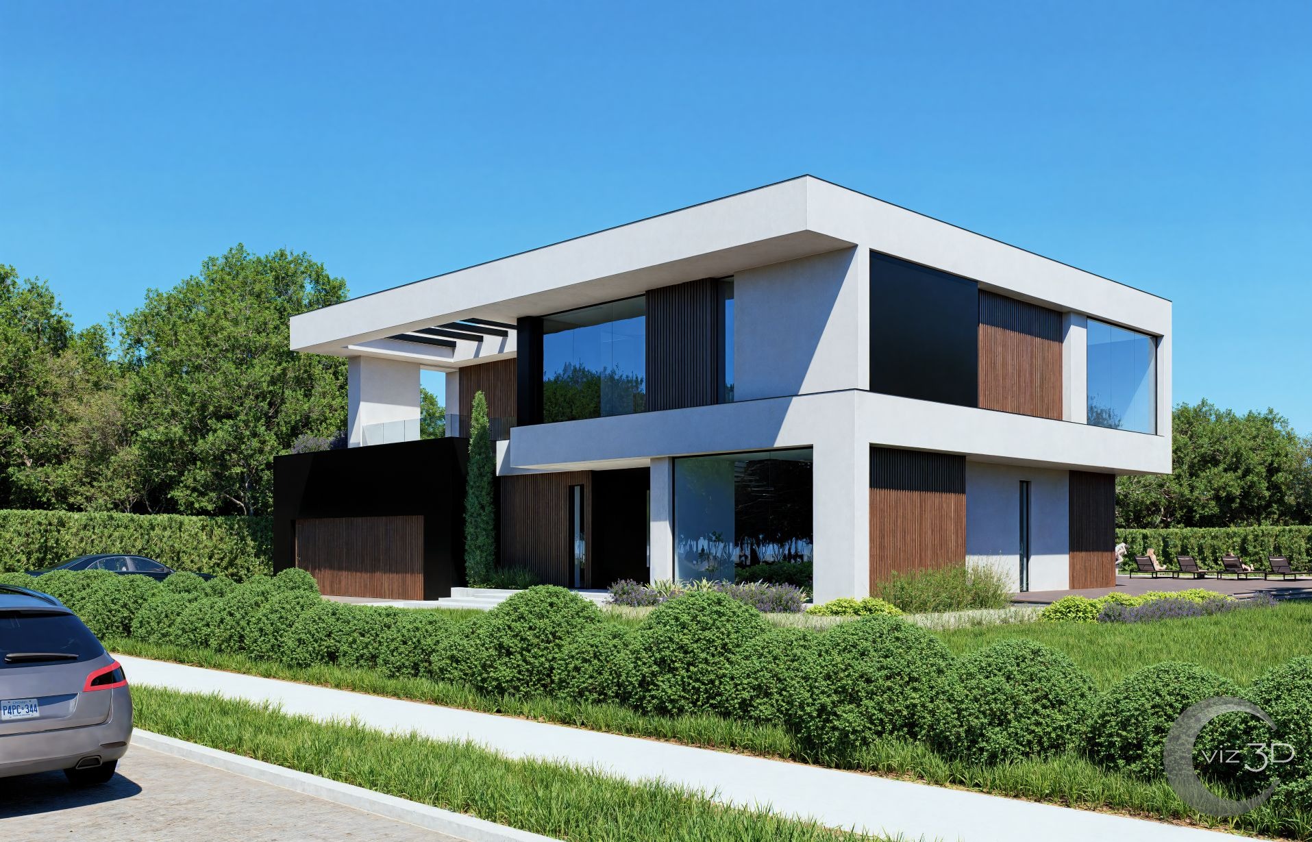Nowoczesna willa z płaskim dachem, dużymi przeszkleniami i drewnianą fasadą, otoczona zielonym ogrodem. Samochód na pierwszym planie, tło: błękitne niebo.