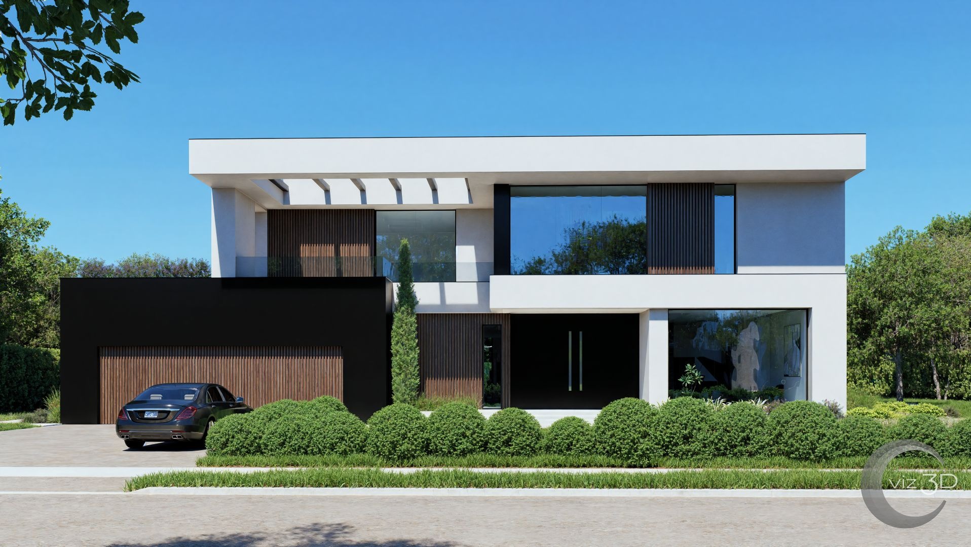 Wizualizacja nowoczesnej willi z płaskim dachem, dużymi przeszkleniami i elementami drewnianymi. Kontrast bieli i czerni, minimalistyczna bryła, zadbany ogród.