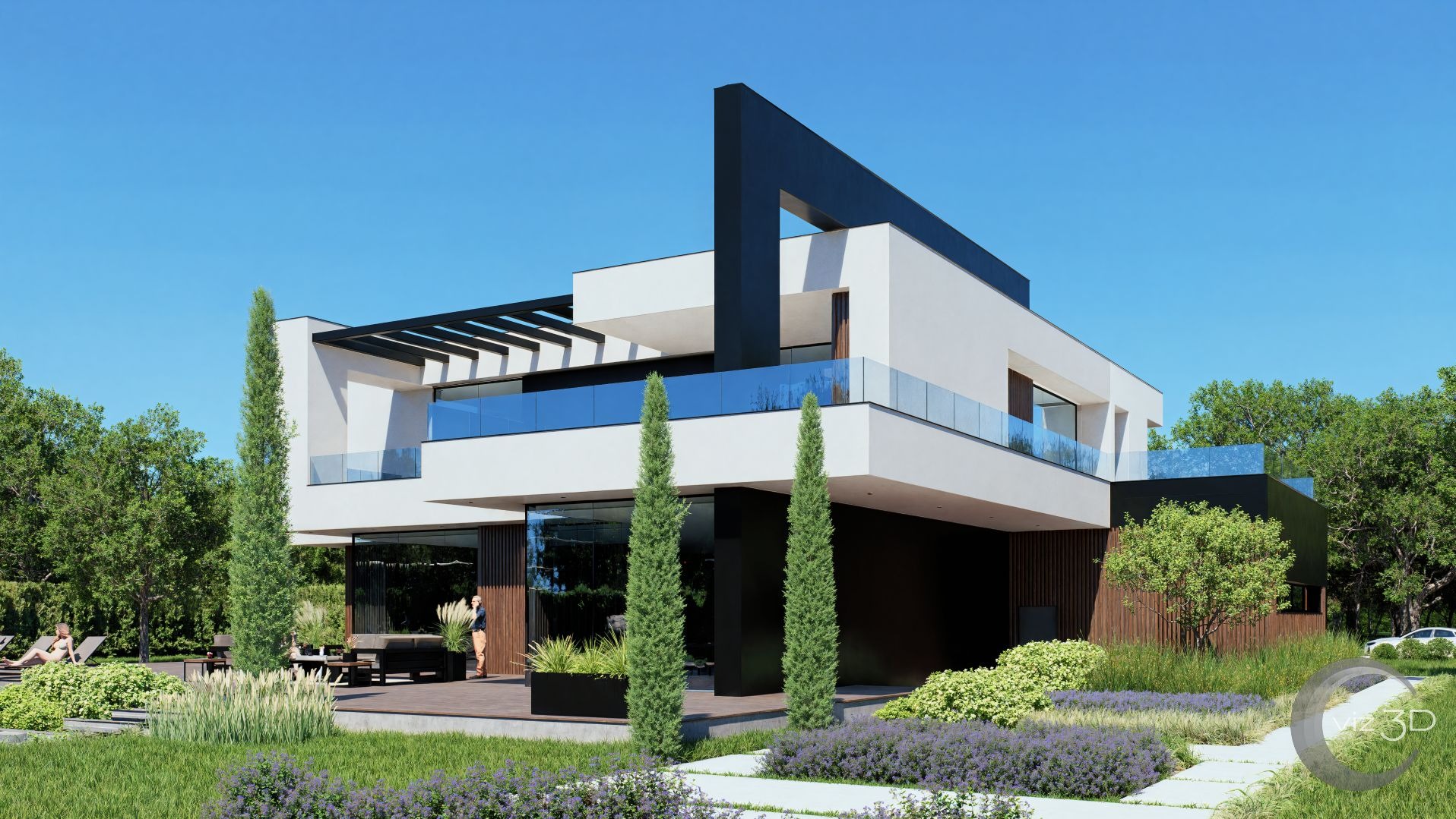 Willa w stylu modern z białą elewacją, czarnymi akcentami i dużymi przeszkleniami. Balkony z balustradami, zadbany ogród z wysokimi cyprysami i kwitnącą lawendą.