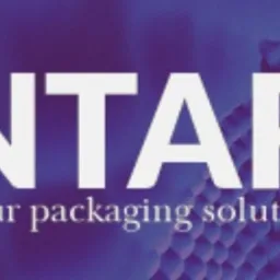 Logo firmy Santar: biały napis na fioletowym tle z hasłem 'your packaging solutions' i abstrakcyjnym symbolem w kształcie sześcioboku.