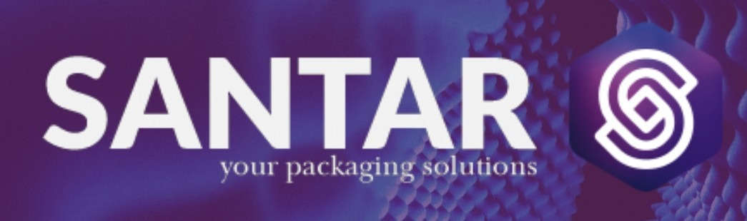 Logo firmy Santar: biały napis na fioletowym tle z hasłem 'your packaging solutions' i abstrakcyjnym symbolem w kształcie sześcioboku.