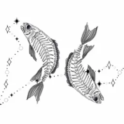 Ilustracja dwóch szkieletów ryb ułożonych symetrycznie, połączonych liniami z gwiazdami na białym tle. Delikatna grafika w stylu dotwork, przypominająca konstelację.
