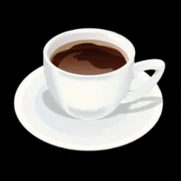 Grafika wektorowa: biała filiżanka kawy na spodku, na czarnym tle. Minimalistyczny styl, wyraźne cienie.