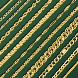 Katarzyna Pieczonka - Różne wzory złotych łańcuszków ułożone ukośnie na ciemnozielonym tle. Prezentacja detali i faktur splotów.