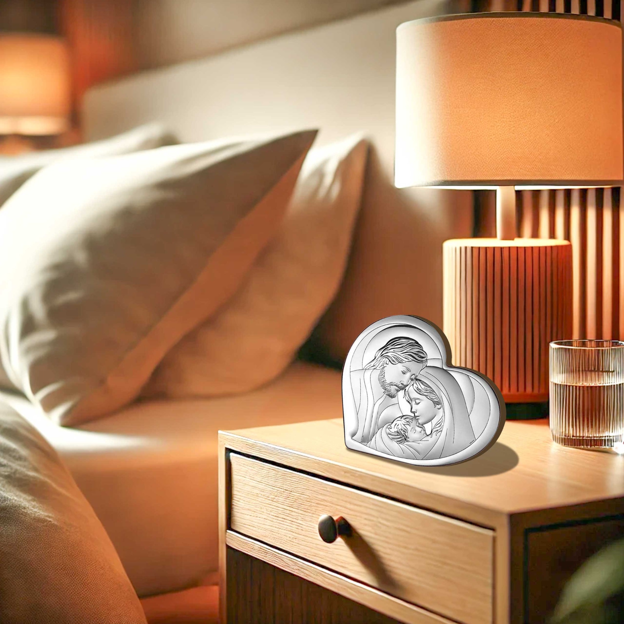 Srebrna pamiątka w kształcie serca z wizerunkiem Świętej Rodziny, stojąca na drewnianej szafce nocnej obok szklanki wody i lampki. Ciepłe światło, przytulna atmosfera.