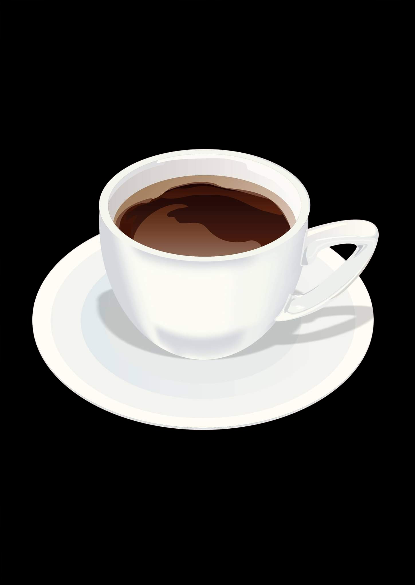 Grafika wektorowa: biała filiżanka kawy na spodku, na czarnym tle. Minimalistyczny styl, wyraźne cienie.