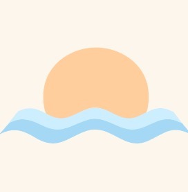 Stylizowana grafika: słońce nad wodą. Minimalistyczny design z łagodnymi falami w odcieniach błękitu i okrągłym, pomarańczowym słońcem na kremowym tle.