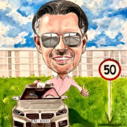 Akrylowy portret karykaturalny mężczyzny w okularach słonecznych i z psem w BMW na tle budynku i znaku drogowego '50'.