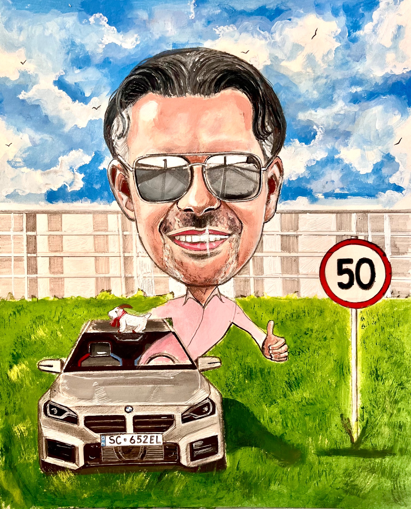 Akrylowy portret karykaturalny mężczyzny w okularach słonecznych i z psem w BMW na tle budynku i znaku drogowego '50'.