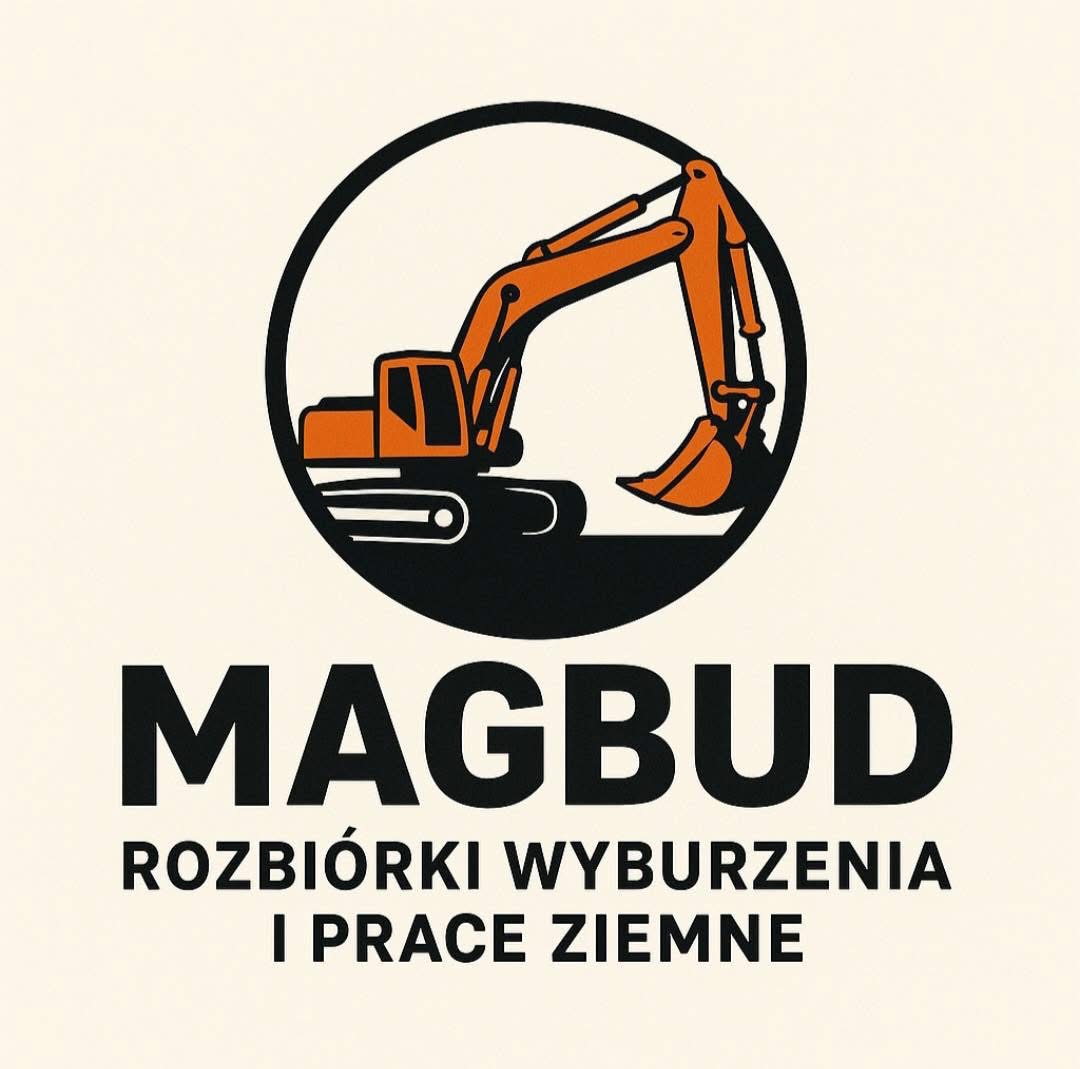 Ilustracja logo firmy MAGBUD z pomarańczową koparką w czarnym okręgu, poniżej nazwa firmy i zakres usług: rozbiórki, wyburzenia i prace ziemne.