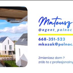 Północ Nieruchomości - Nowoczesne osiedle domów jednorodzinnych z panelami słonecznymi, prezentowane przez agenta nieruchomości Mateusza Kozaka. Kontakt: 668-351-523.