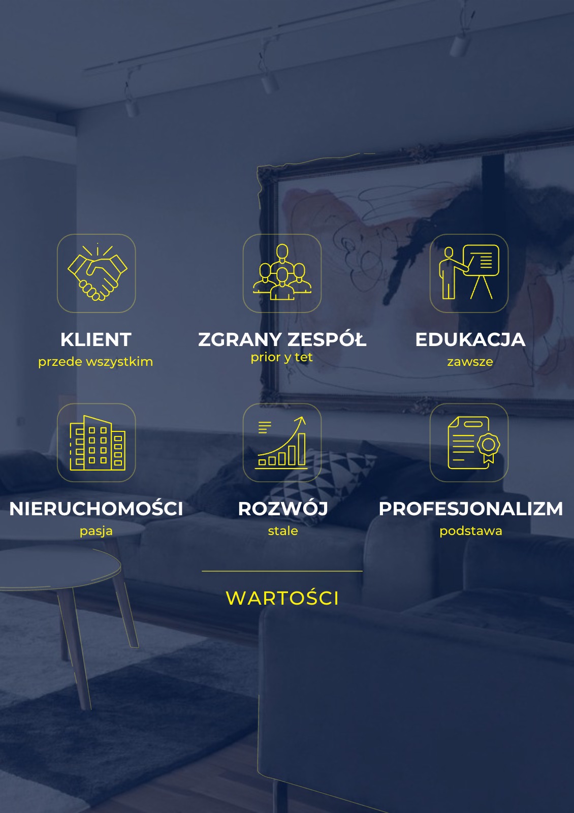 Wnętrze z grafikami prezentującymi wartości firmy: klient, zespół, edukacja, nieruchomości, rozwój, profesjonalizm. Nowoczesny design, stonowana kolorystyka.