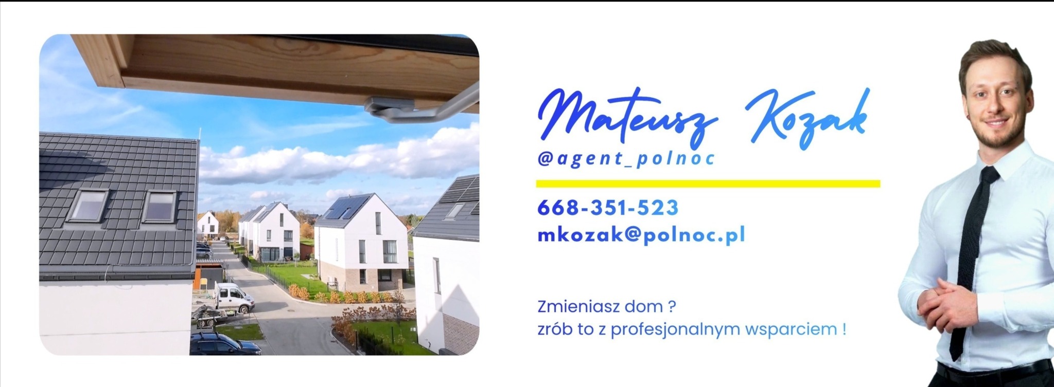 Nowoczesne osiedle domów jednorodzinnych z panelami słonecznymi, prezentowane przez agenta nieruchomości Mateusza Kozaka. Kontakt: 668-351-523.