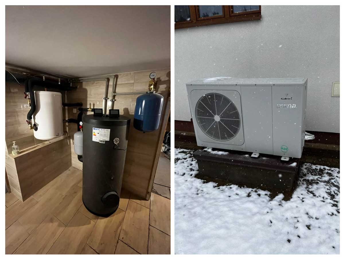 Zestawienie: wewnętrzna instalacja CO z zbiornikiem i zewnętrzna pompa ciepła Balfux Prima R32, zimowy krajobraz, śnieg.