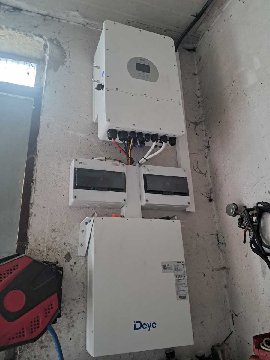 Biały inwerter Deye zamontowany na szarej, surowej ścianie. Widoczne kable, skrzynki elektryczne i elementy instalacji. Surowe tło podkreśla funkcjonalność.