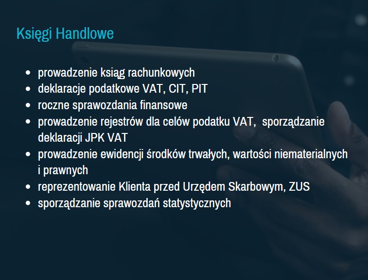 Usługi księgowe: prowadzenie ksiąg, deklaracje VAT, CIT, PIT, roczne sprawozdania, ewidencja środków trwałych, reprezentacja przed US i ZUS, sporządzanie sprawozdań.