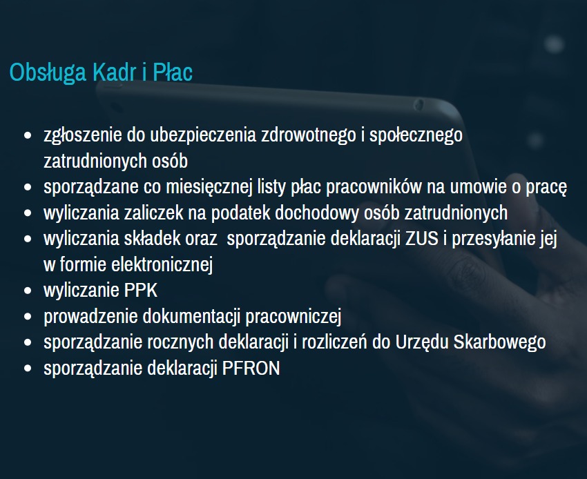 Obsługa kadr i płac: zgłoszenia, listy płac, deklaracje ZUS i PFRON, dokumentacja pracownicza. Tekst na tle tabletu, sugerujący cyfrową obsługę.