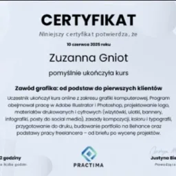 Certyfikat ukończenia kursu grafiki komputerowej przez Zuzannę Gniot, wydany 10 czerwca 2025 roku przez Practima, potwierdzony podpisem Justyny Bieleckiej.