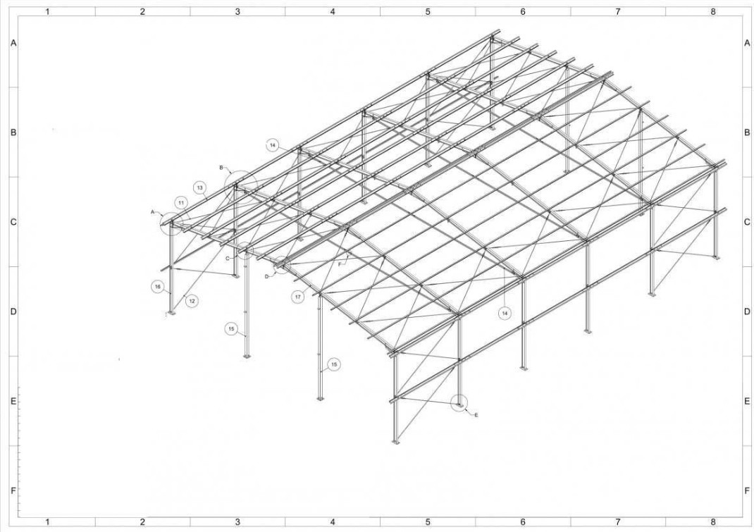 Schemat techniczny hali stalowej z numeracją elementów, ukazujący konstrukcję nośną i rozmieszczenie słupów. Perspektywa izometryczna, widok z góry.
