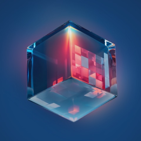 Abstrakcyjna grafika 3D: przezroczysty sześcian z czerwono-niebieskimi refleksami i pikselową strukturą wewnątrz, zawieszony na ciemnoniebieskim tle.