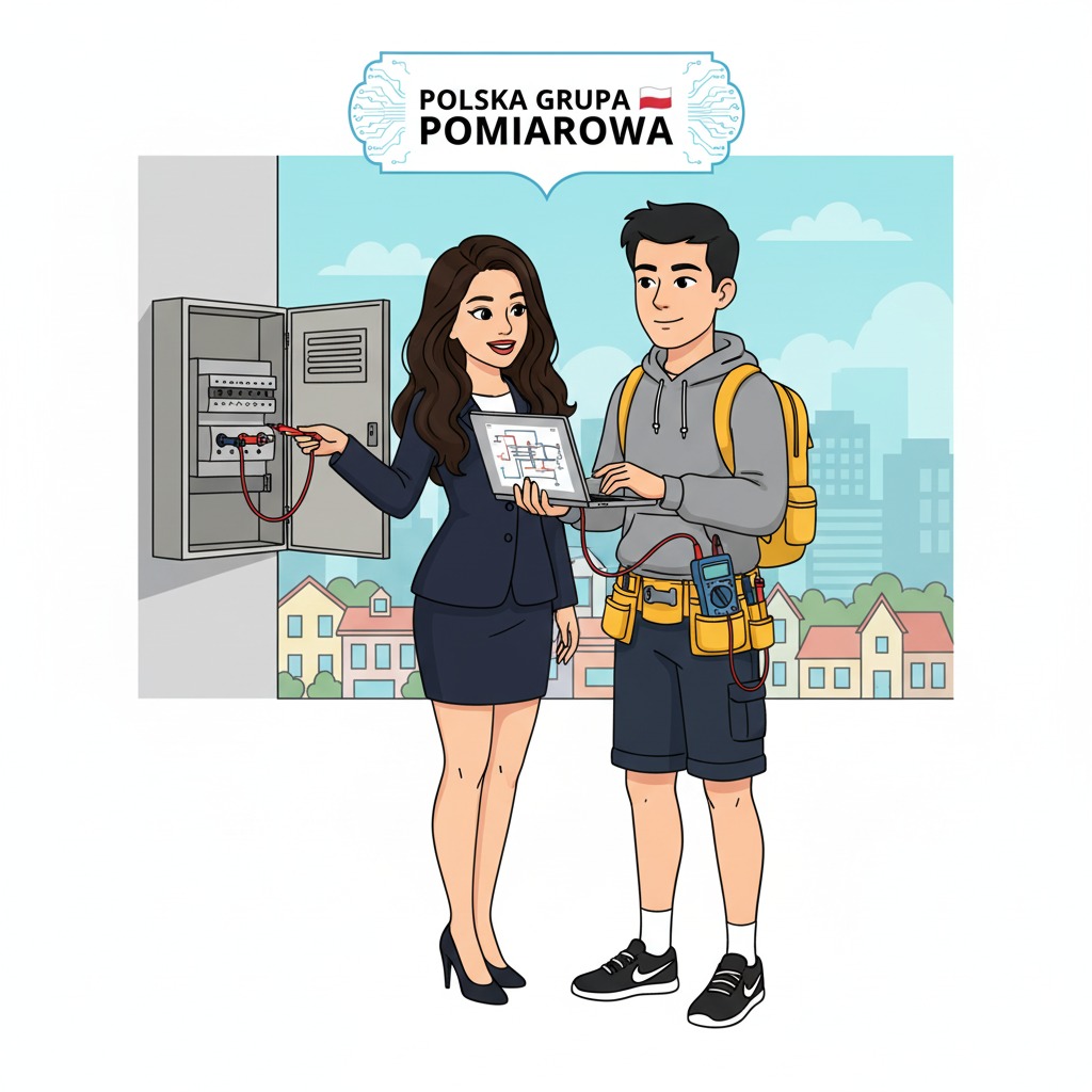 Ilustracja: Kobieta mierzy napięcie w skrzynce elektrycznej, mężczyzna z miernikiem w pasie sprawdza plan instalacji na laptopie. Tło: zabudowa miejska.