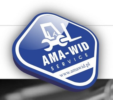 Błyszczące logo AMA-WID Service w niebieskiej ramce, z grafiką koparki i klucza francuskiego, oraz adresem strony www.amawid.pl.