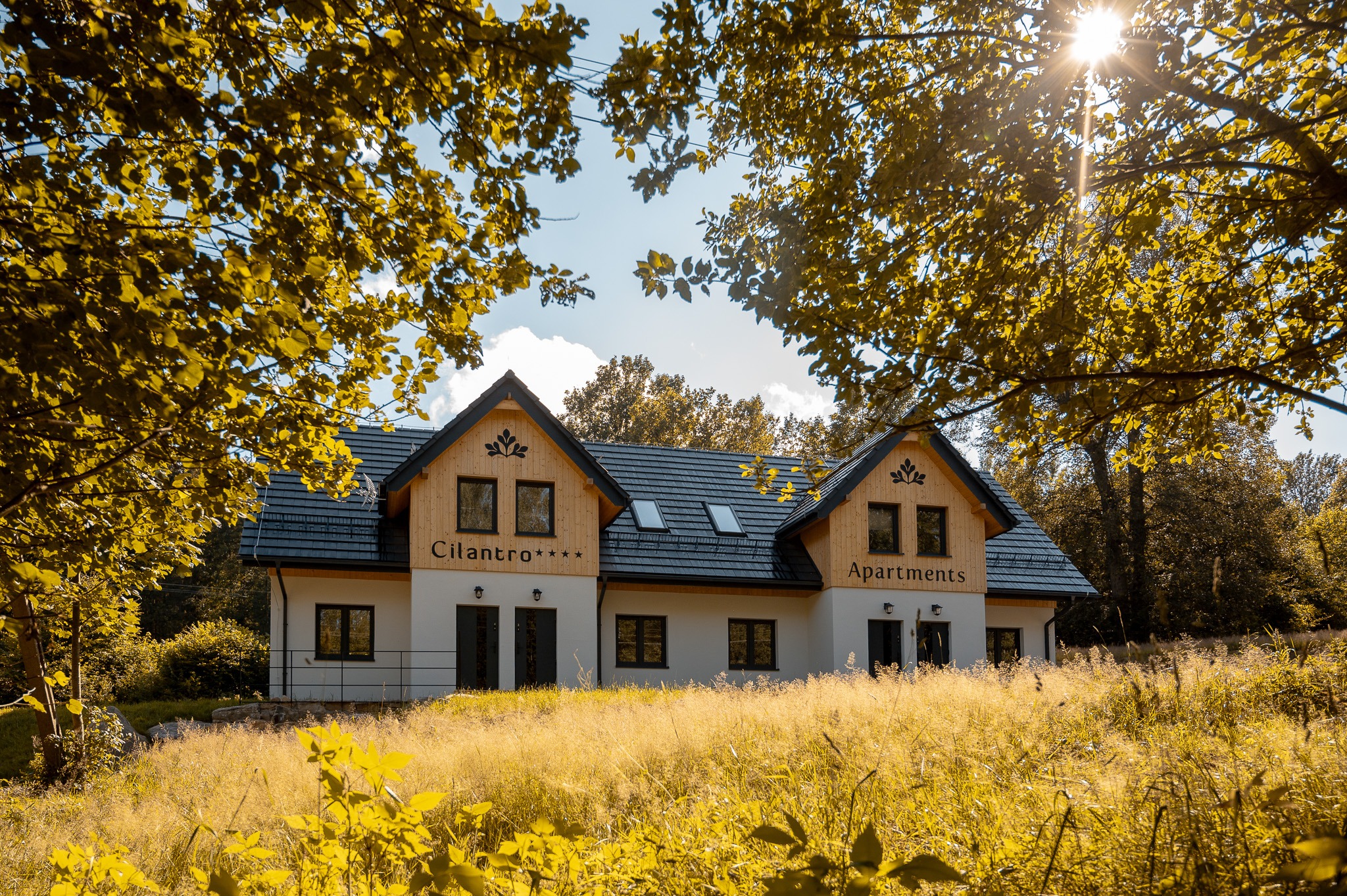 Dwukondygnacyjny budynek z jasną elewacją, ciemnym dachem i drewnianymi detalami, otoczony wysoką trawą i drzewami w słoneczny dzień.