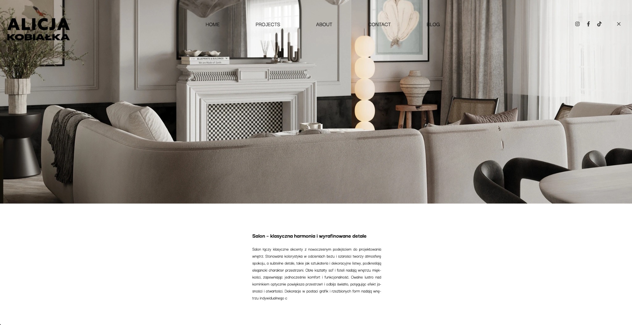 Eleganckie wnętrze salonu w beżach i szarościach, z kominkiem, lustrem i nowoczesnymi meblami. Stonowana kolorystyka i subtelne detale tworzą harmonijną przestrzeń.