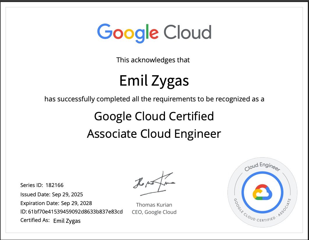 Certyfikat Google Cloud Certified Associate Cloud Engineer dla Emil Zygas, wydany 29.09.2025, ważny do 29.09.2028, potwierdzający spełnienie wymagań.