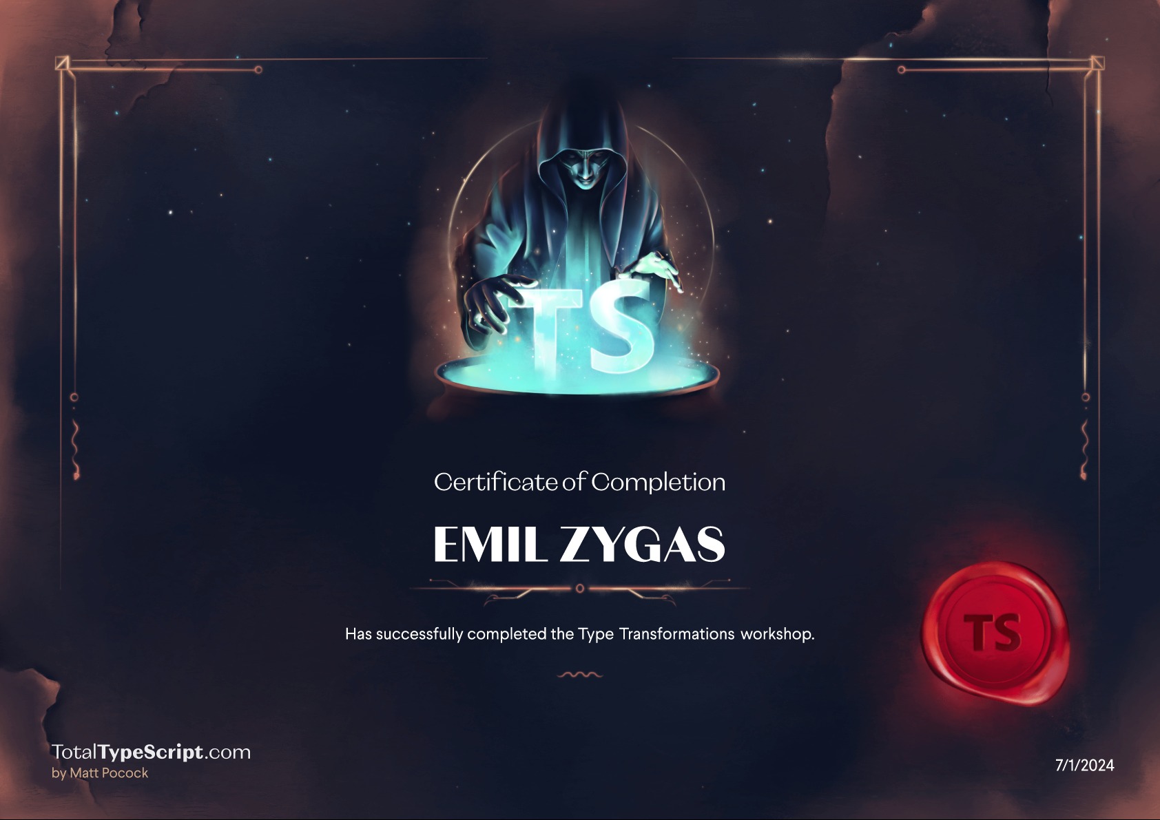 Certyfikat ukończenia warsztatów Type Transformations dla Emil Zygas, z motywem graficznym postaci z kapturem i świecącymi literami TS. Sygnet w prawym dolnym rogu.