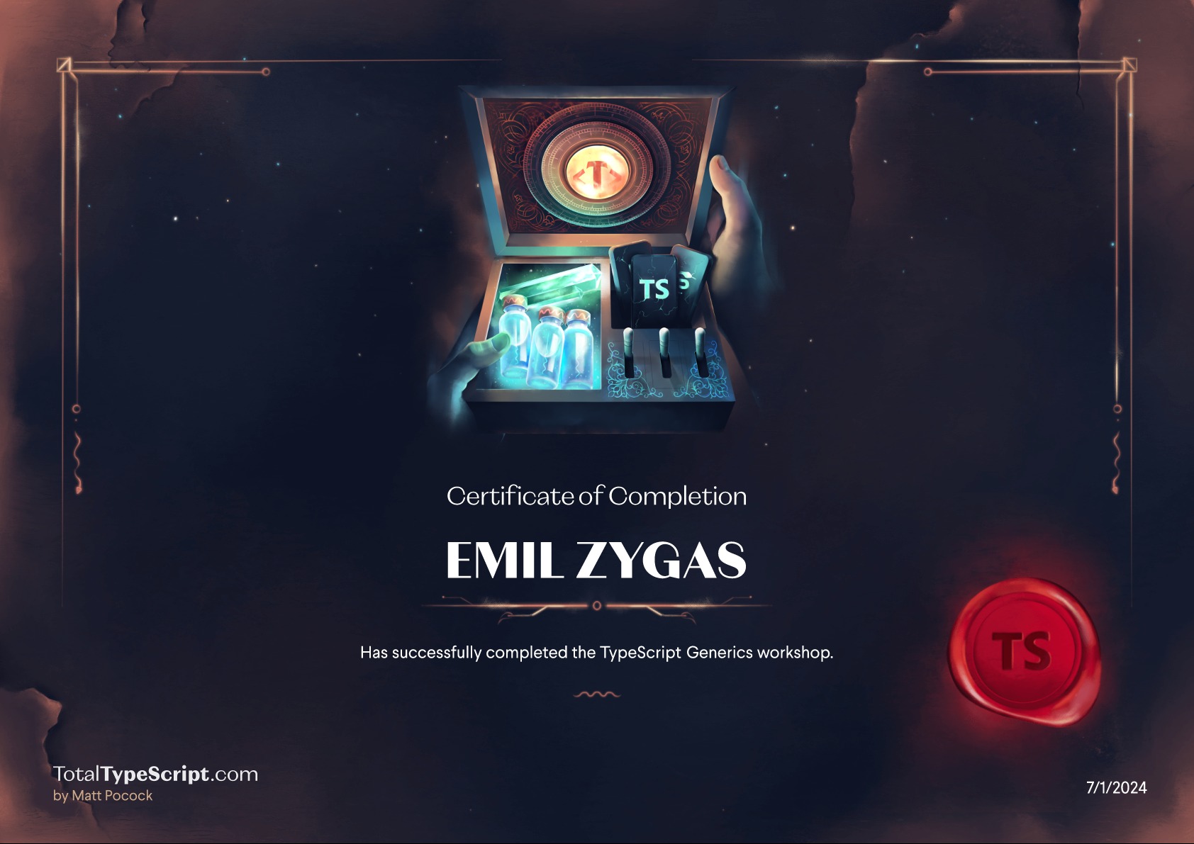 Ilustracja certyfikatu ukończenia kursu TypeScript Generics dla Emila Zygasa, prezentowana w formie stylizowanej grafiki z motywami magicznymi i elementami wizualnymi TypeScript.