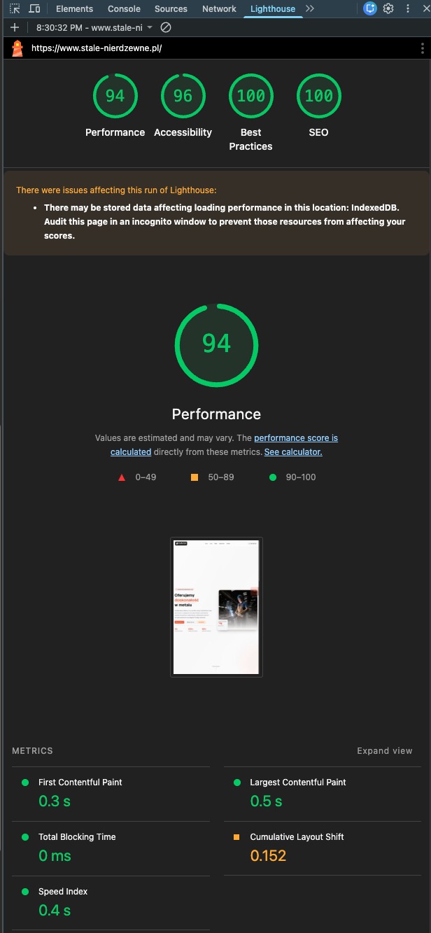 Wynik testu Lighthouse dla strony stale-nierdzewne.pl: wysokie oceny wydajności, dostępności, najlepszych praktyk i SEO. Widoczne metryki FCP, LCP, TBT i Speed Index.