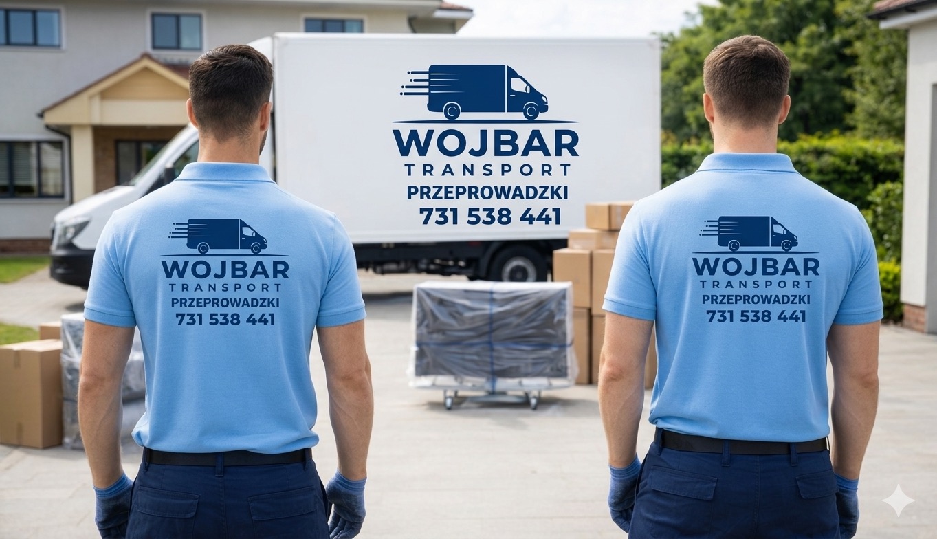 Dwóch pracowników firmy przeprowadzkowej w niebieskich koszulkach z logo na tle samochodu dostawczego i kartonów. Widok z tyłu, skupienie na logo firmy.