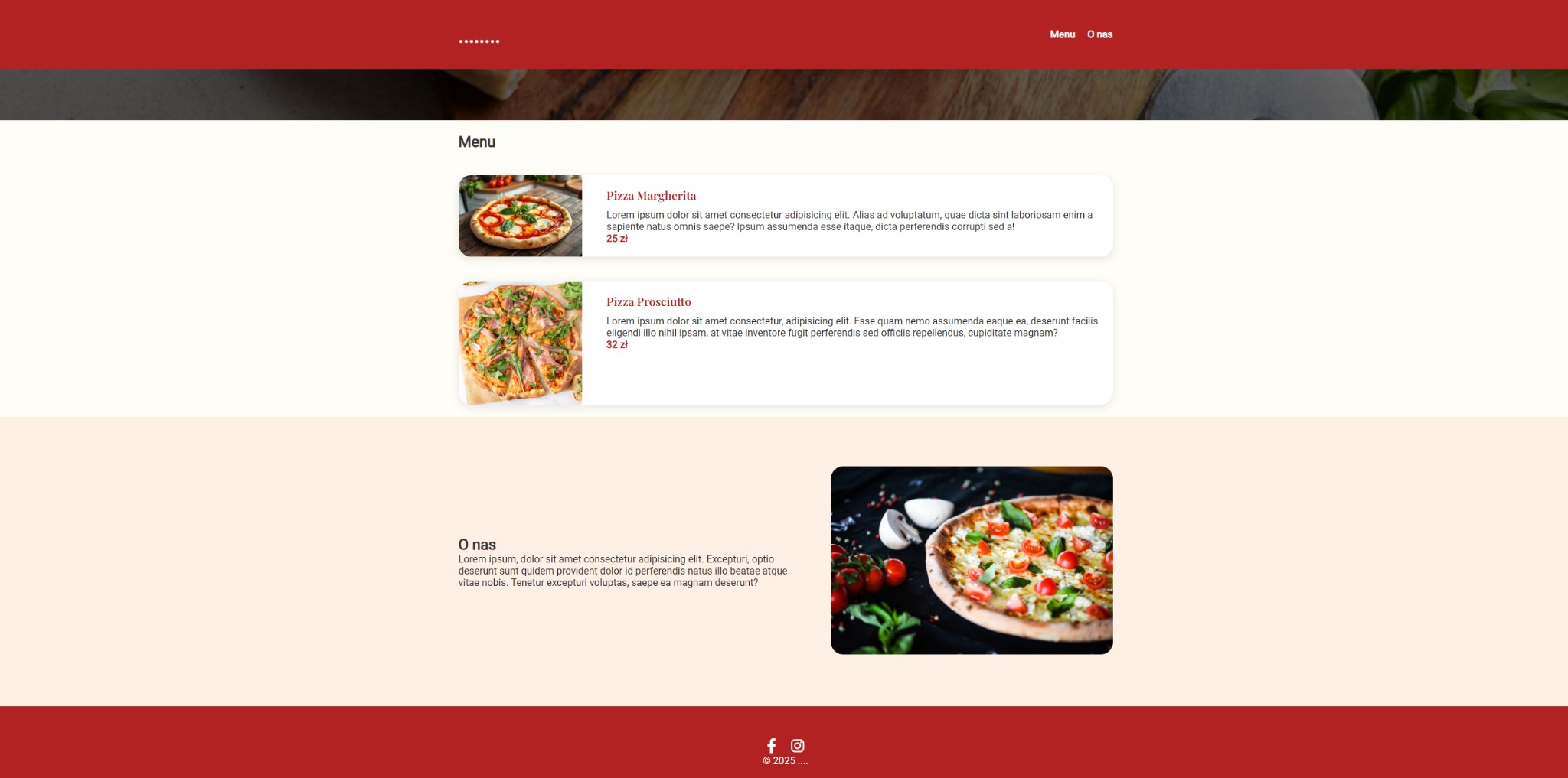 Projekt strony internetowej pizzerii z menu i sekcją 'O nas', wykonany w Radomiu. Widok strony z ofertą dwóch pizz i zdjęciem pizzy na ciemnym tle.