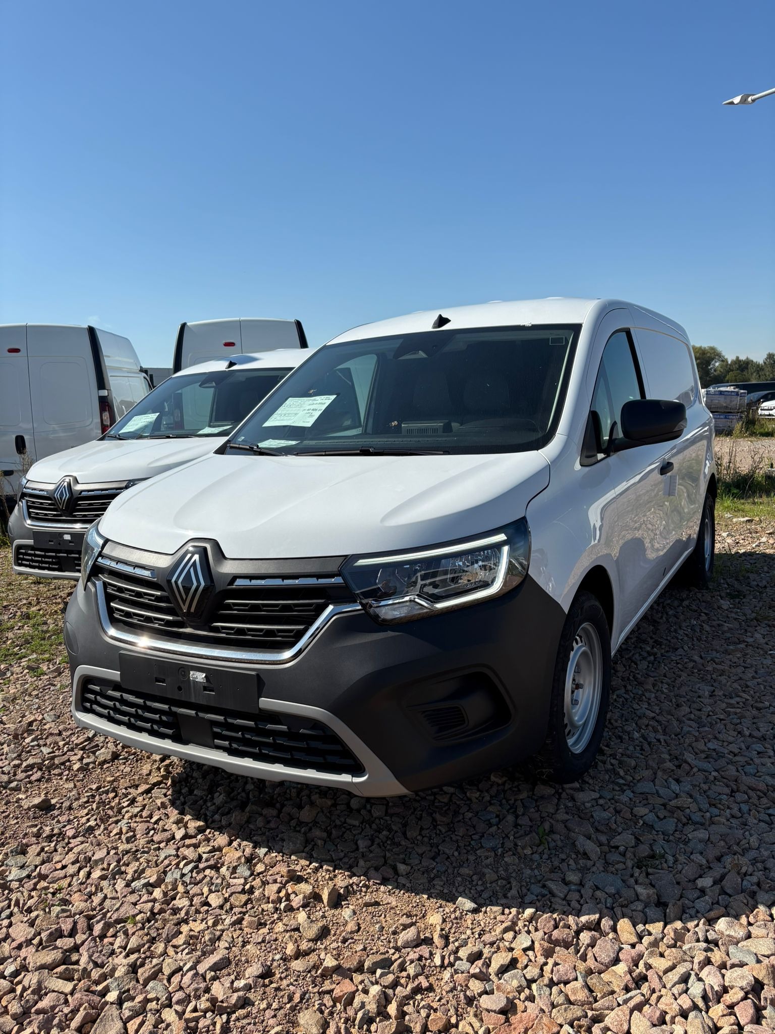 Nowy, biały Renault Kangoo Van z salonu w Krakowie, zaparkowany na żwirowym placu. Widoczne inne busy w tle i błękitne niebo.