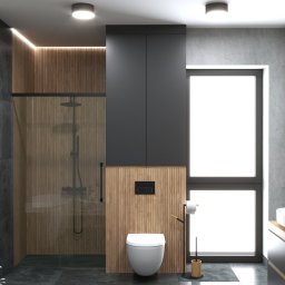 FORMA-MEBLE TOMASZ WŁÓDZIK - Nowoczesna łazienka z kabiną prysznicową, umywalkami nablatowymi i drewnianymi akcentami. Uwagę przykuwa oświetlenie LED i minimalistyczna toaleta.