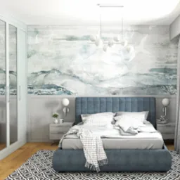 Nowoczesna sypialnia z łóżkiem w odcieniach niebieskiego, szafkami nocnymi i szafą z lustrami. Na ścianie dekoracyjny panel z motywem akwareli.