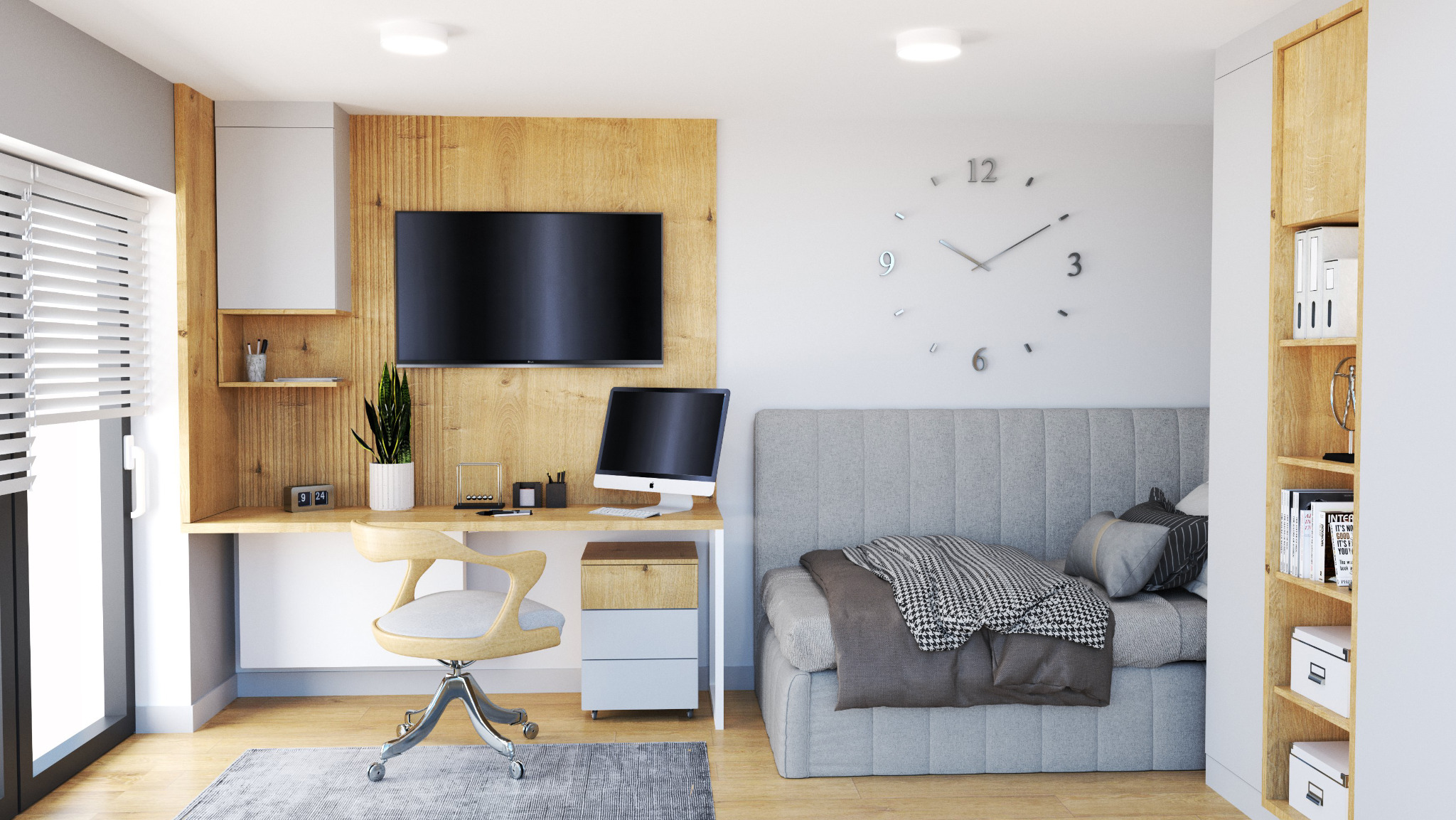 Jasne wnętrze pokoju z biurkiem i łóżkiem. Drewniane akcenty, minimalistyczny design, zegar na ścianie. Aranżacja przestrzeni łączącej funkcje pracy i wypoczynku.