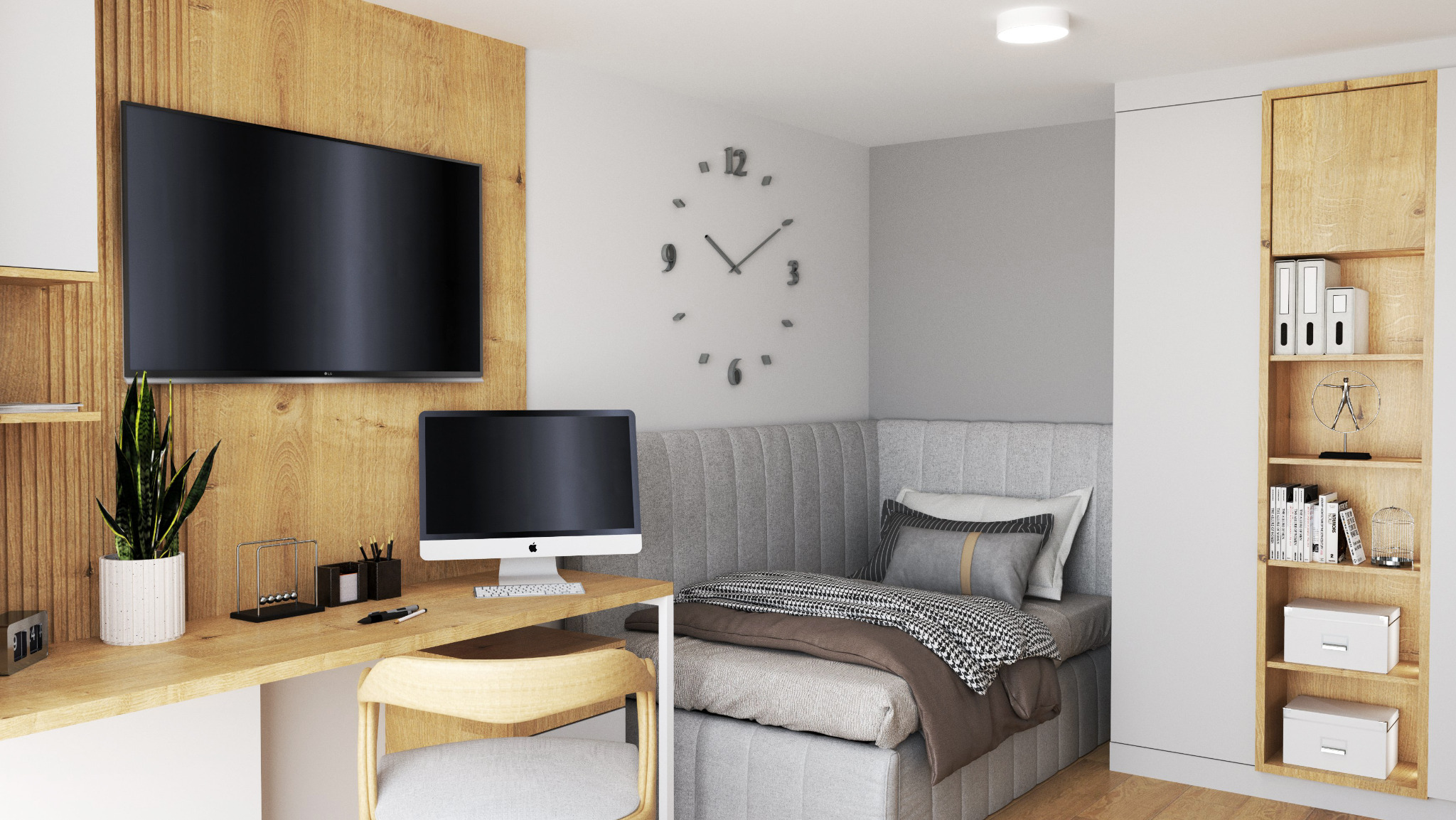 Nowoczesny pokój z biurkiem, łóżkiem i drewnianymi akcentami. Na ścianie zegar i telewizor. Minimalistyczny wystrój, jasne kolory, domowe biuro w sypialni.