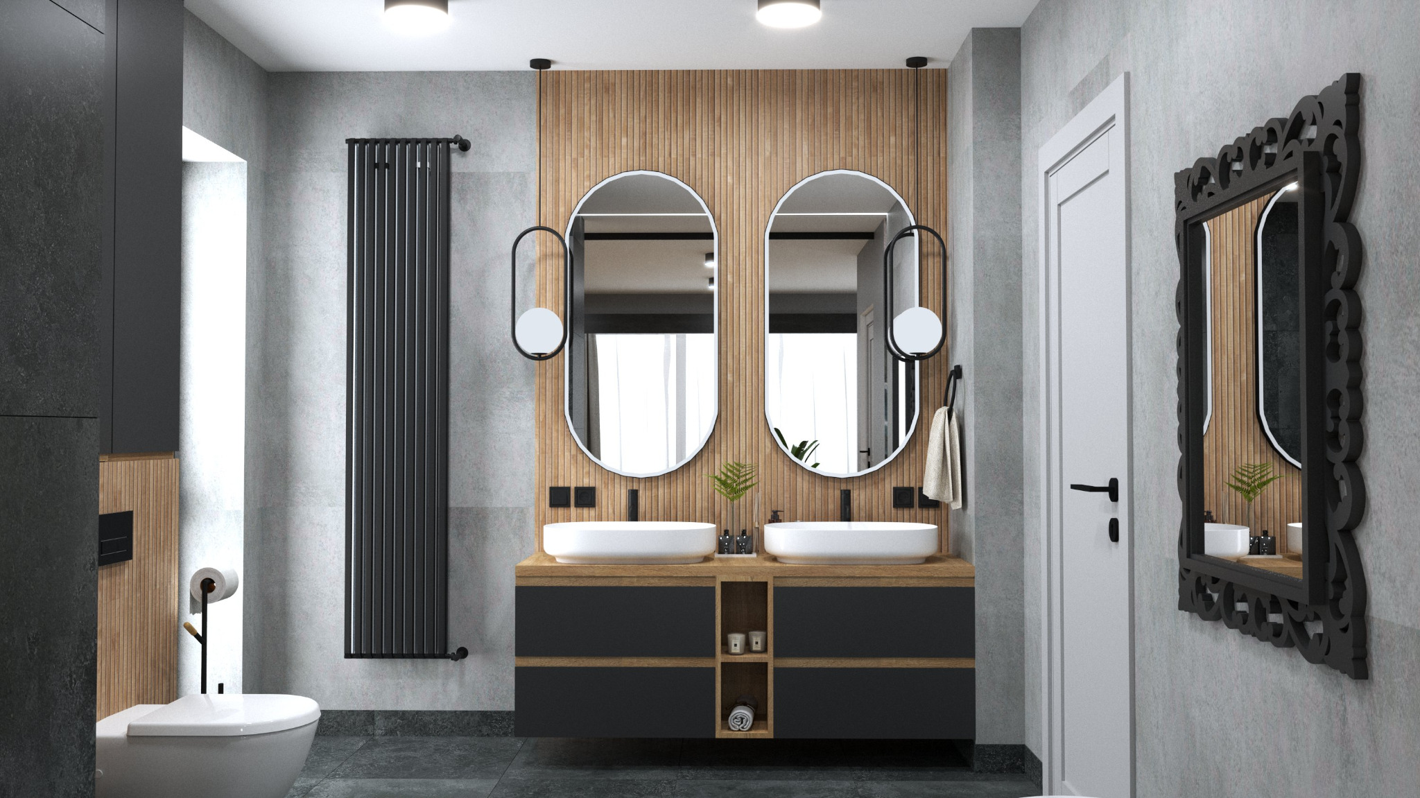 Nowoczesna łazienka w Chojnicach z dwoma okrągłymi lustrami nad umywalkami, grzejnikiem drabinkowym i dekoracyjnym lustrem w czarnej ramie.